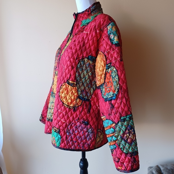 🔺️SOLD!Chico's 100% Silk Quilted Jacket Size L (Chico's 2) Red Chinese Lantern - Picture 4 of 14